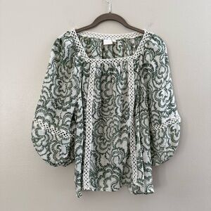 Zac & Rachel Green White Pattern Boho Peasant Top Flowy Blouse Women’s Small